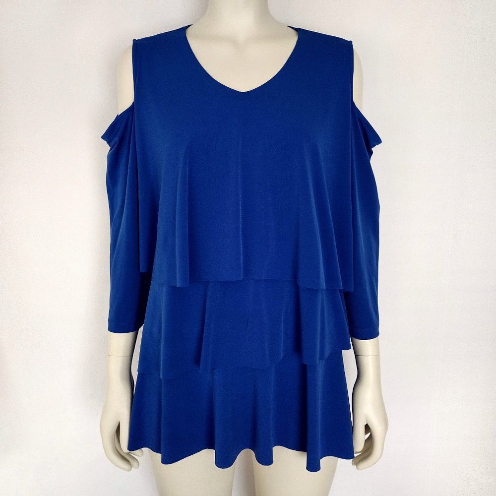 Susan Graver Blue Cold Shoulder Tiered Ruffled Blouse